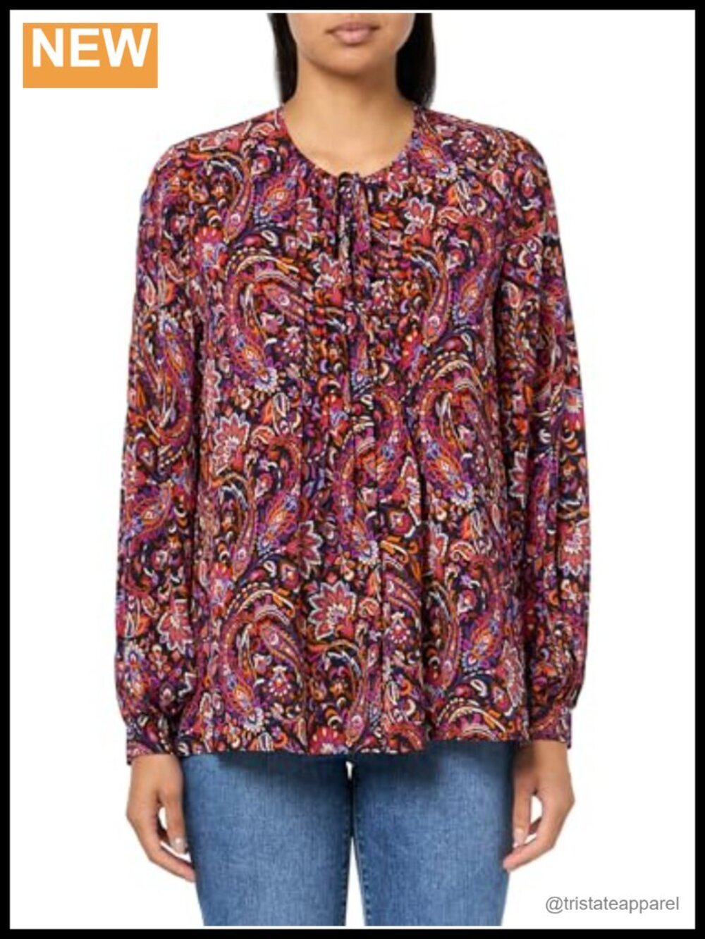 Viscose V-Neck Long Sleeve Paisley Print Blouse Button Front Relaxed Fit